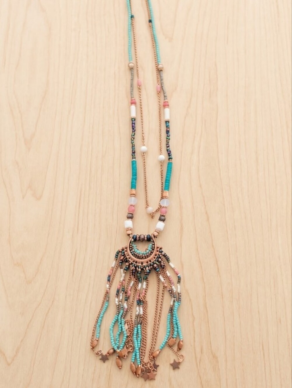 Boho Turquoise Beaded Fringe Necklace